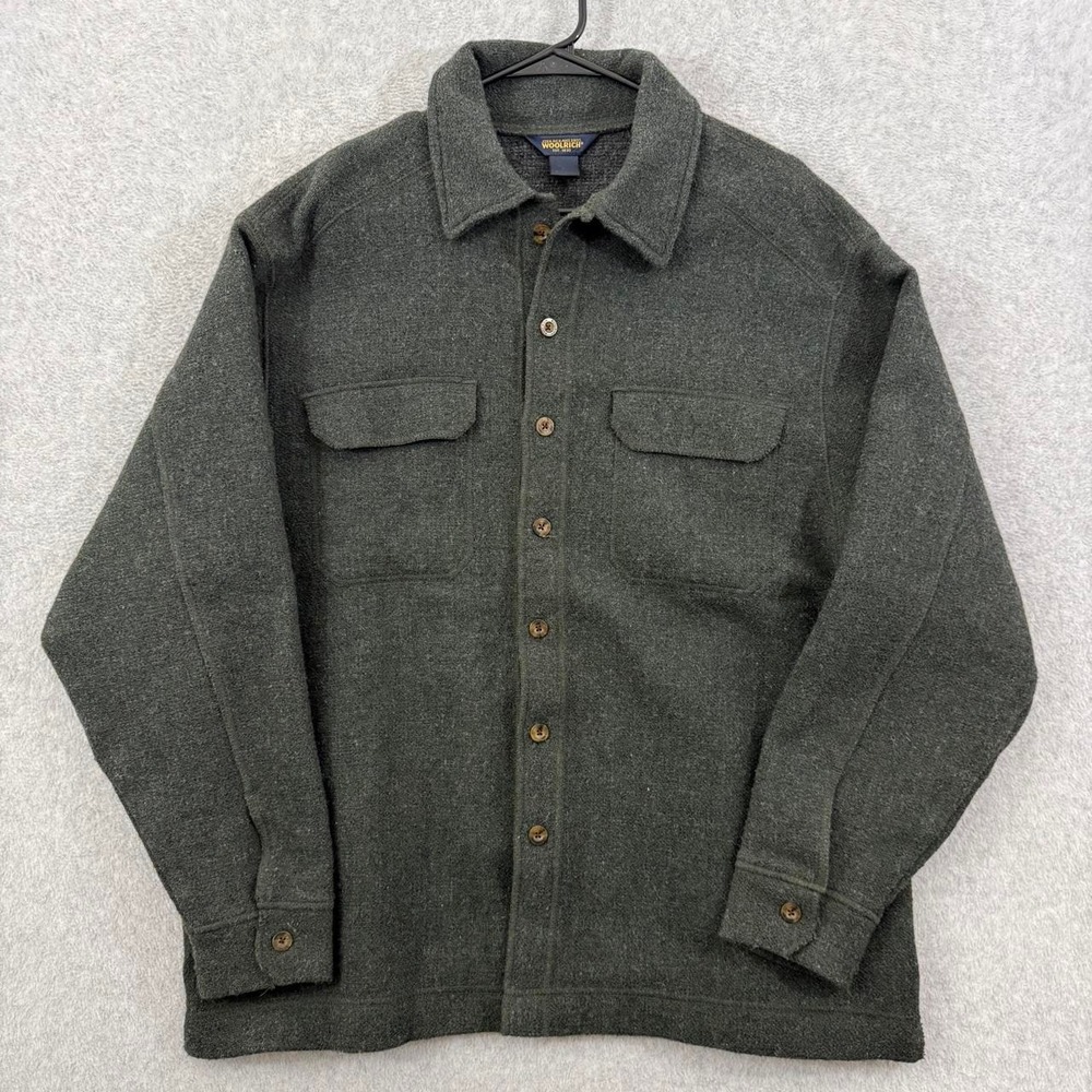 Woolrich Shirt Mens Large Green Wool Jacket Shacket Button Up Vintage Made USA